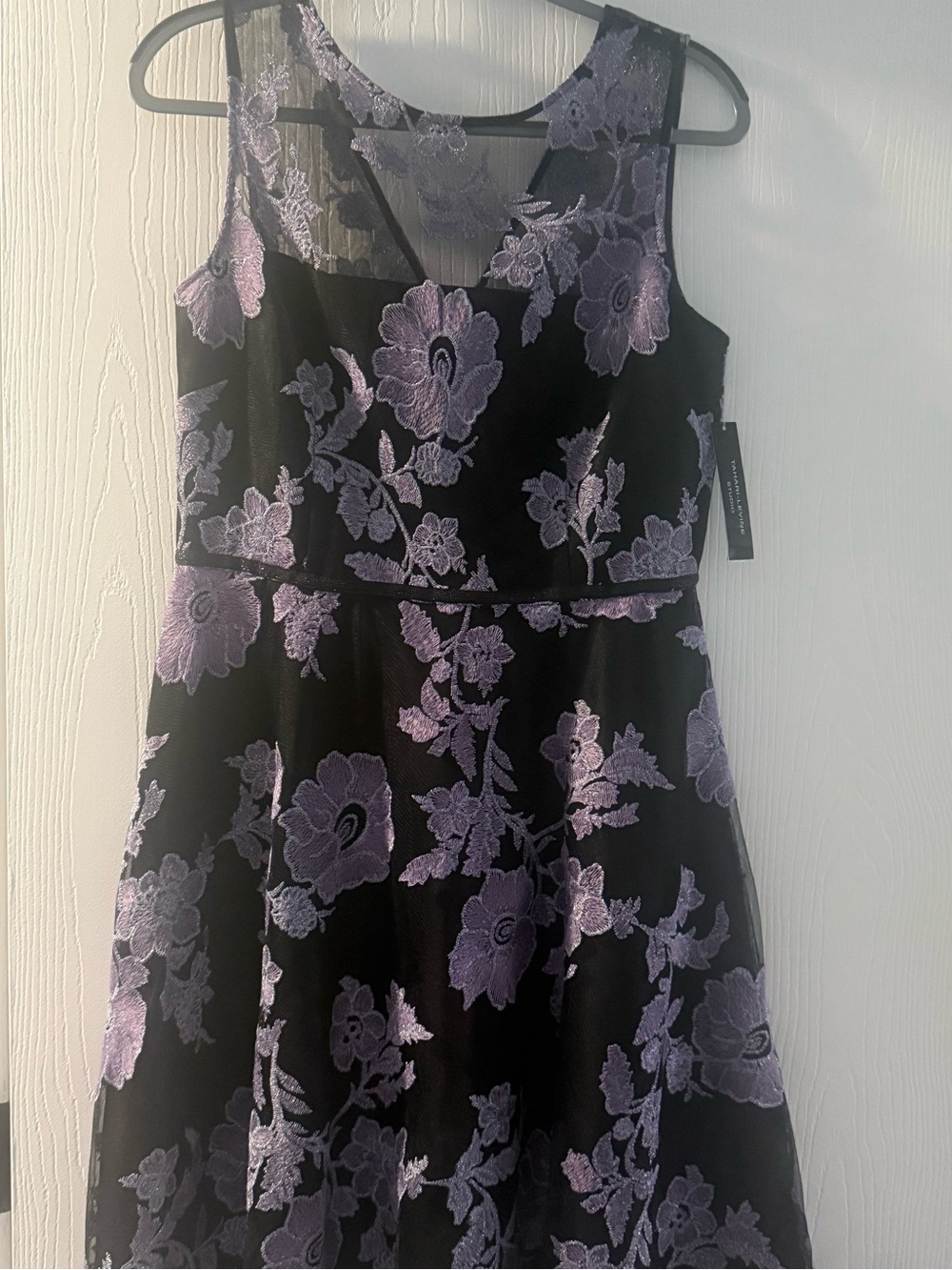 Tahari Black Midi Dress with Lavender Floral Lace
